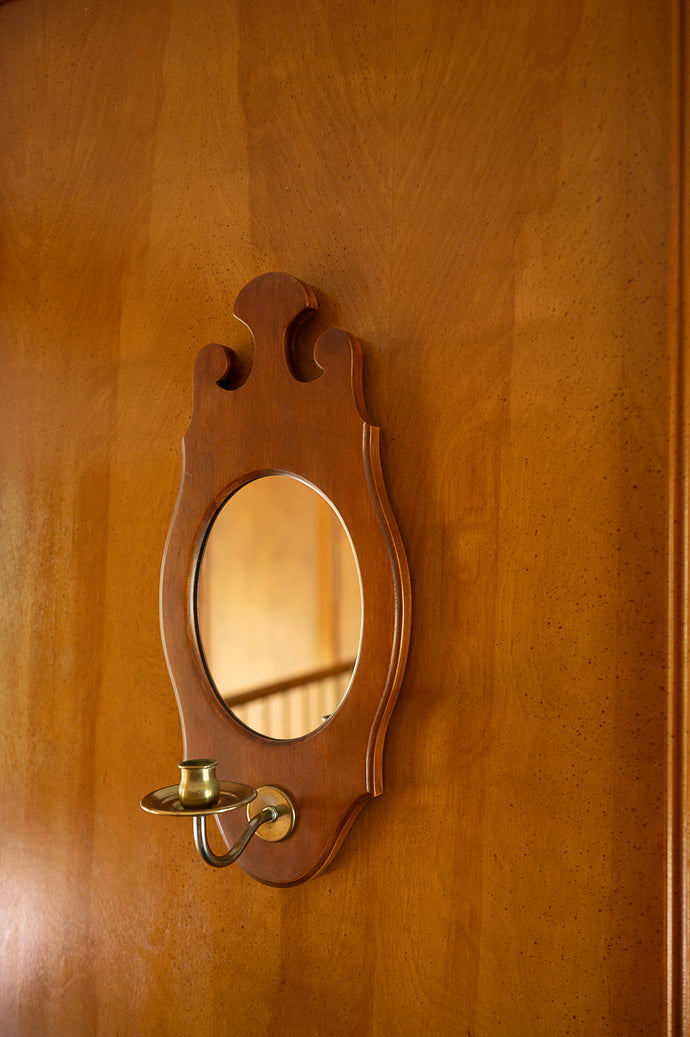 Vintage Wooden Wall Mirror & Candlestick Holder